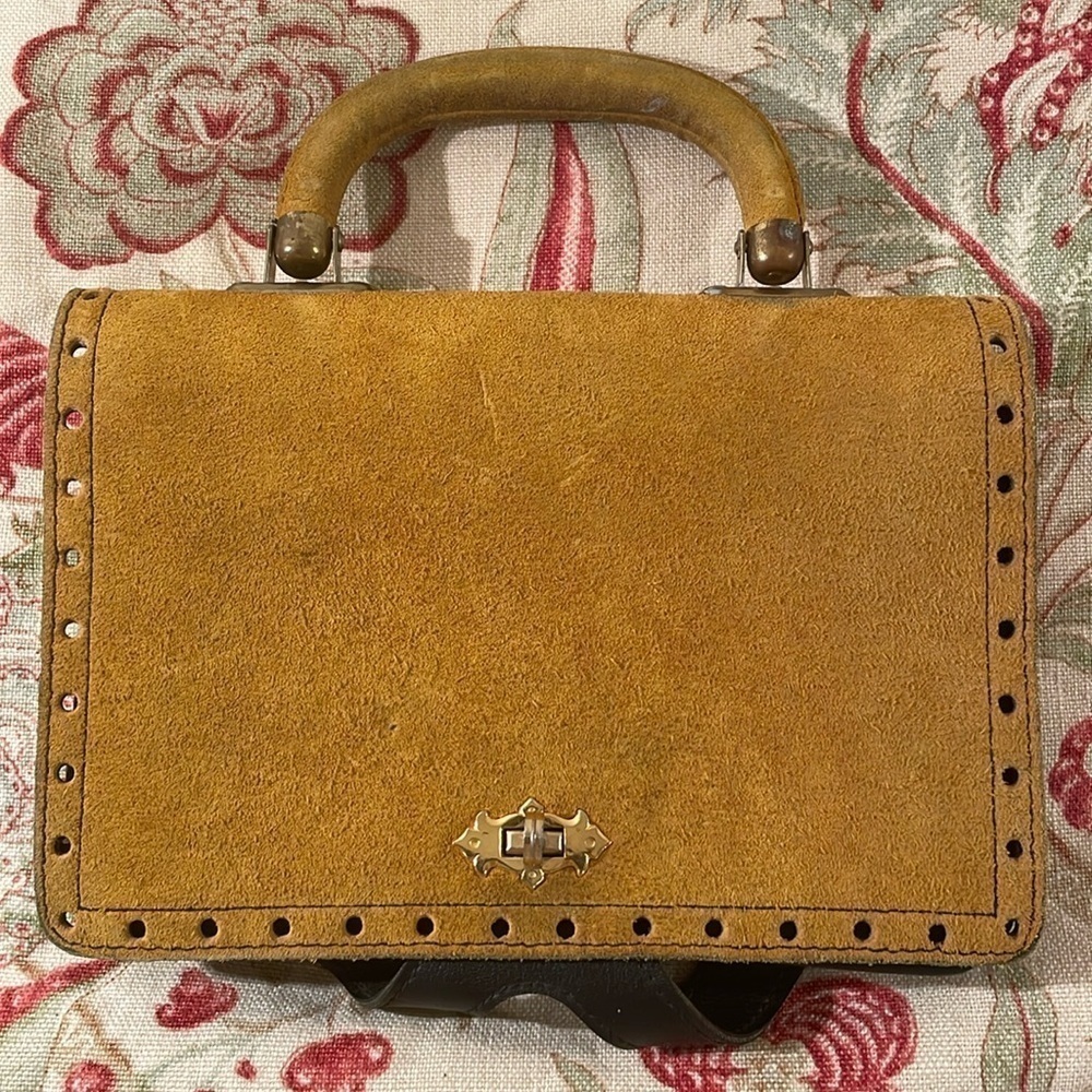 Vintage Tete D’Or Guldhuvudet Mustard Suede Mini Black 3 Section Handbag